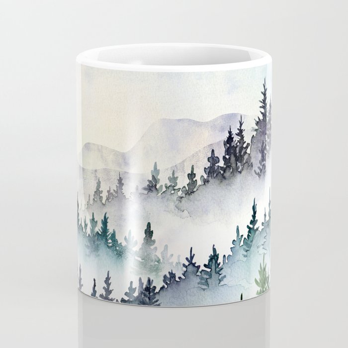 Misty Mountain Pines - Foggy Forest Watercolor Painting Coffee Mug Gallery Image 4