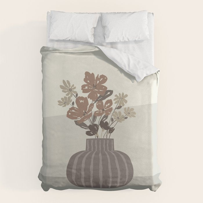 Wildflower bouquet in vase illustration - pantone brown mocha mousse Duvet Cover Gallery Image 1