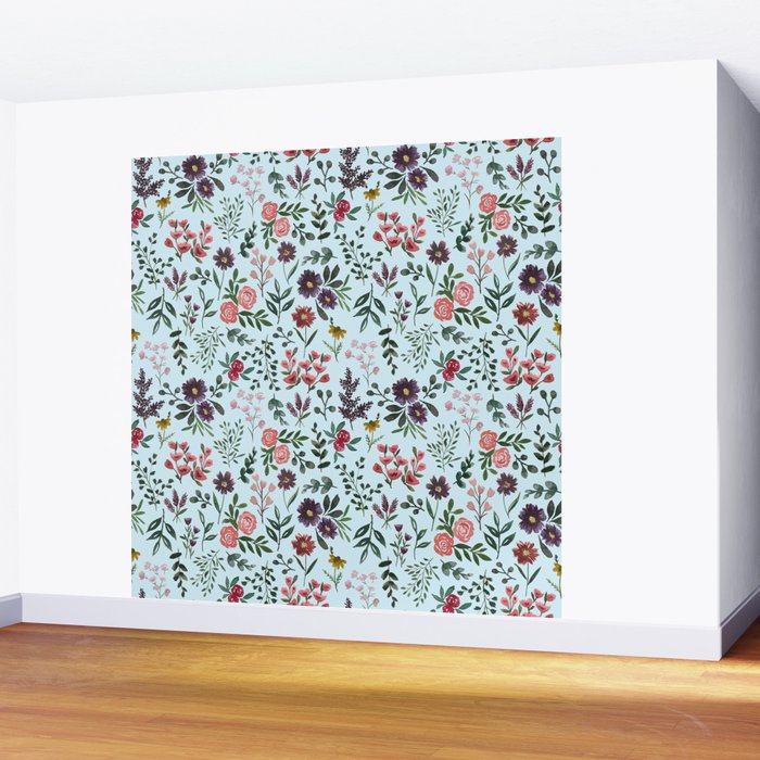 Bright Watercolor Flower - Blue Wall Mural Gallery Image 2