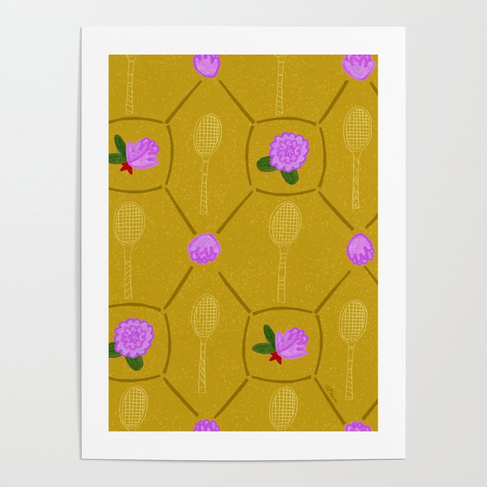 Tennis Rackets & Roses in Ochre & Purple Poster Gallery Image 4