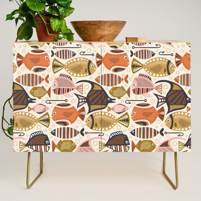 Mid Mod Deep Sea Fishing Ivory Credenza Gallery Image 1