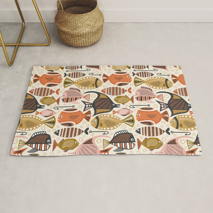 Mid Mod Deep Sea Fishing Ivory Rug Gallery Image 1