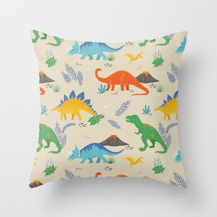 Jurassic Dinosaurs in Primary Colors Throw Pillow Gallery Image 1