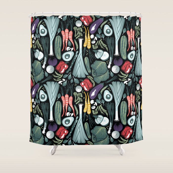 Go veggie // black background sage green mint goldenrod yellow coral and purple beet vegetables Shower Curtain Gallery Image 1
