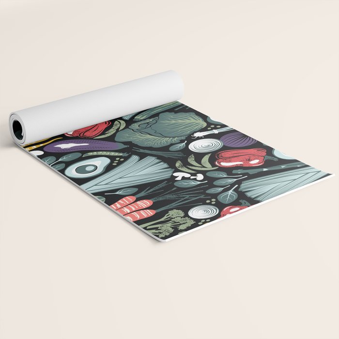 Go veggie // black background sage green mint goldenrod yellow coral and purple beet vegetables Yoga Mat Gallery Image 2