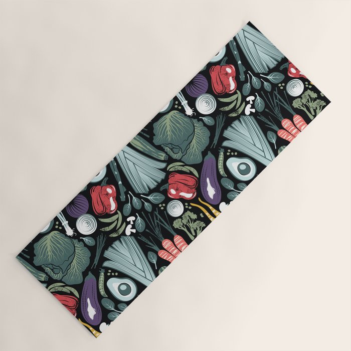 Go veggie // black background sage green mint goldenrod yellow coral and purple beet vegetables Yoga Mat Gallery Image 1
