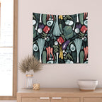 Go veggie // black background sage green mint goldenrod yellow coral and purple beet vegetables Wall Tapestry Gallery Image 2