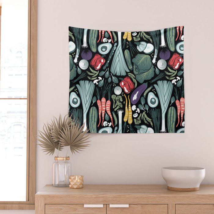 Go veggie // black background sage green mint goldenrod yellow coral and purple beet vegetables Wall Tapestry Gallery Image 2
