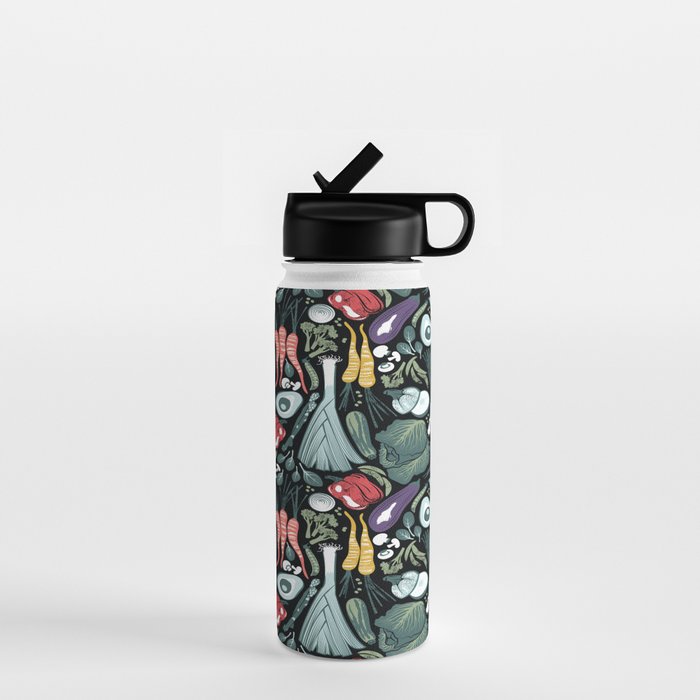 Go veggie // black background sage green mint goldenrod yellow coral and purple beet vegetables Water Bottle Gallery Image 1