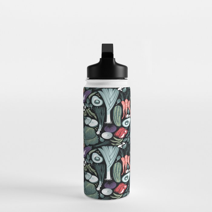 Go veggie // black background sage green mint goldenrod yellow coral and purple beet vegetables Water Bottle Gallery Image 3