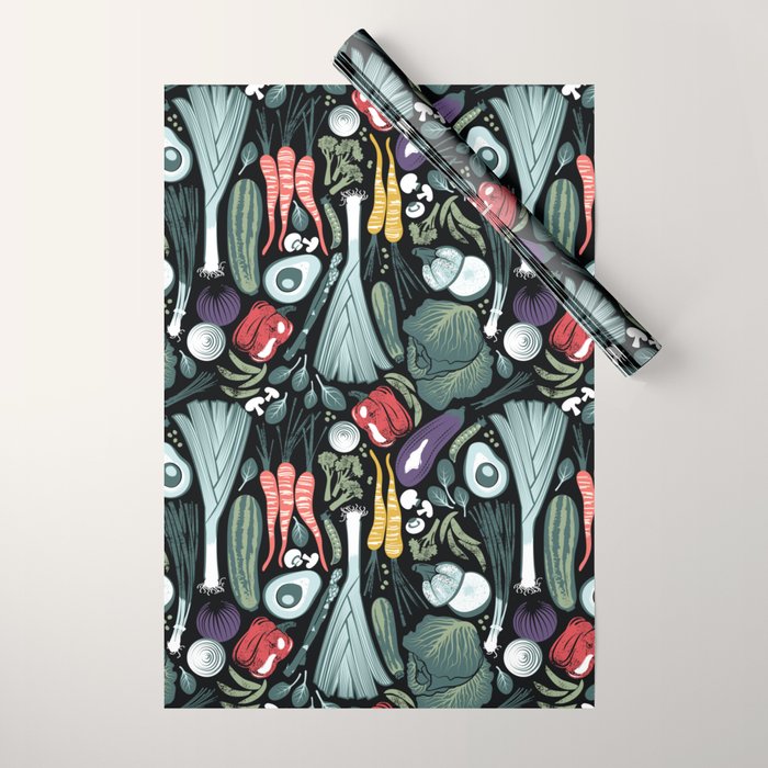 Go veggie // black background sage green mint goldenrod yellow coral and purple beet vegetables Wrapping Paper Gallery Image 1