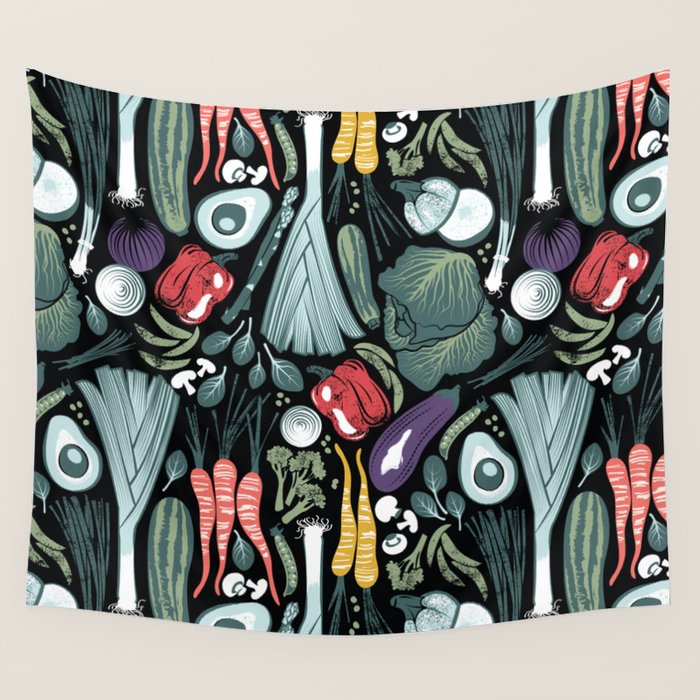 Go veggie // black background sage green mint goldenrod yellow coral and purple beet vegetables Wall Tapestry Gallery Image 4