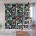 Go veggie // black background sage green mint goldenrod yellow coral and purple beet vegetables Wall Mural Gallery Image 1
