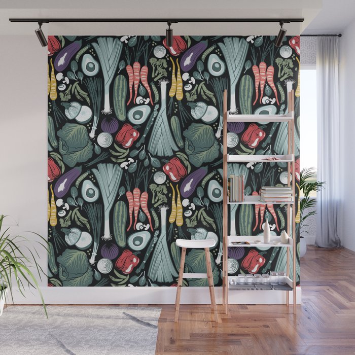 Go veggie // black background sage green mint goldenrod yellow coral and purple beet vegetables Wall Mural Gallery Image 1