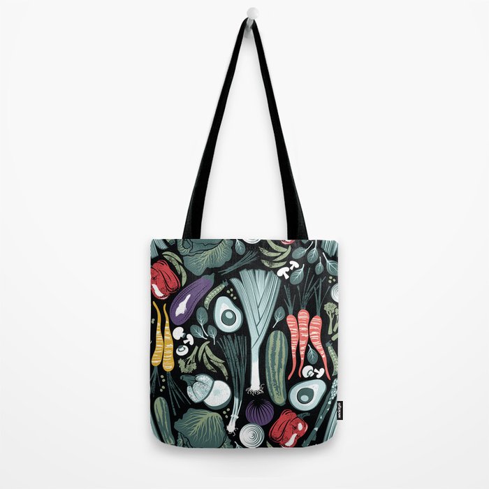 Go veggie // black background sage green mint goldenrod yellow coral and purple beet vegetables Tote Bag Gallery Image 2