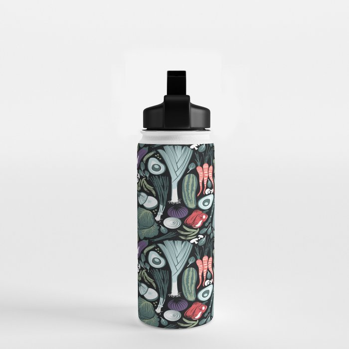 Go veggie // black background sage green mint goldenrod yellow coral and purple beet vegetables Water Bottle Gallery Image 2