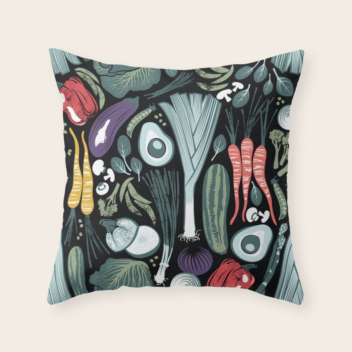 Go veggie // black background sage green mint goldenrod yellow coral and purple beet vegetables Throw Pillow Gallery Image 1