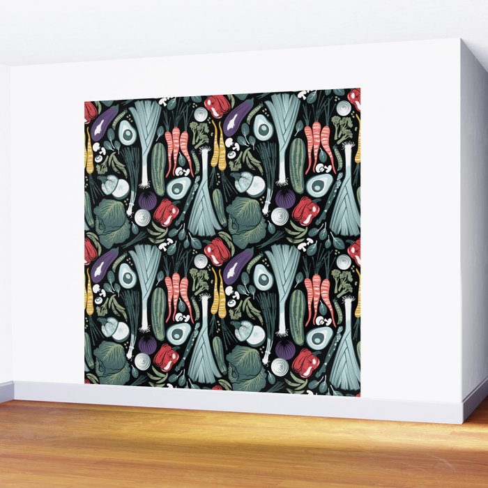 Go veggie // black background sage green mint goldenrod yellow coral and purple beet vegetables Wall Mural Gallery Image 2