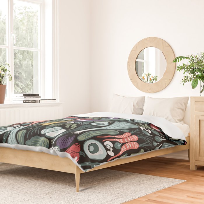 Go veggie // black background sage green mint goldenrod yellow coral and purple beet vegetables Duvet Cover Gallery Image 2