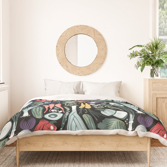 Go veggie // black background sage green mint goldenrod yellow coral and purple beet vegetables Duvet Cover Gallery Image 3