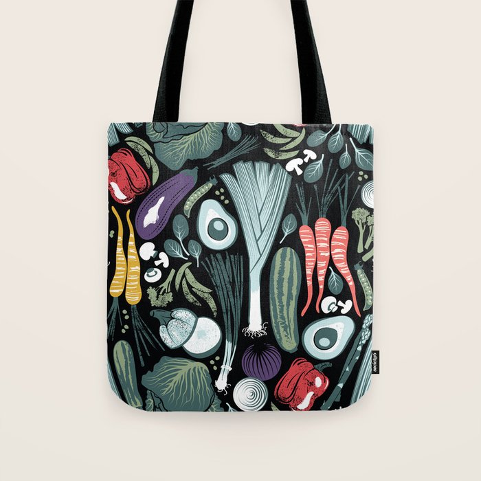 Go veggie // black background sage green mint goldenrod yellow coral and purple beet vegetables Tote Bag Gallery Image 1