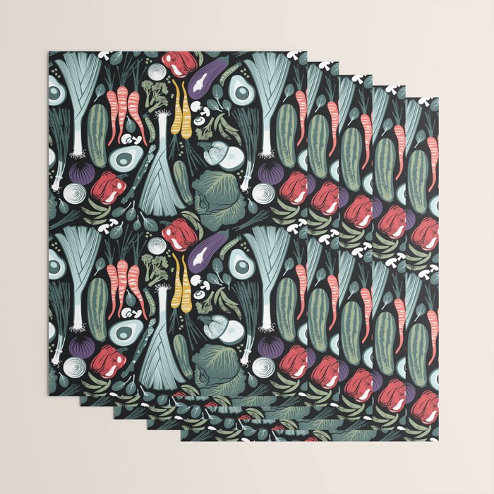 Go veggie // black background sage green mint goldenrod yellow coral and purple beet vegetables Wrapping Paper Gallery Image 3