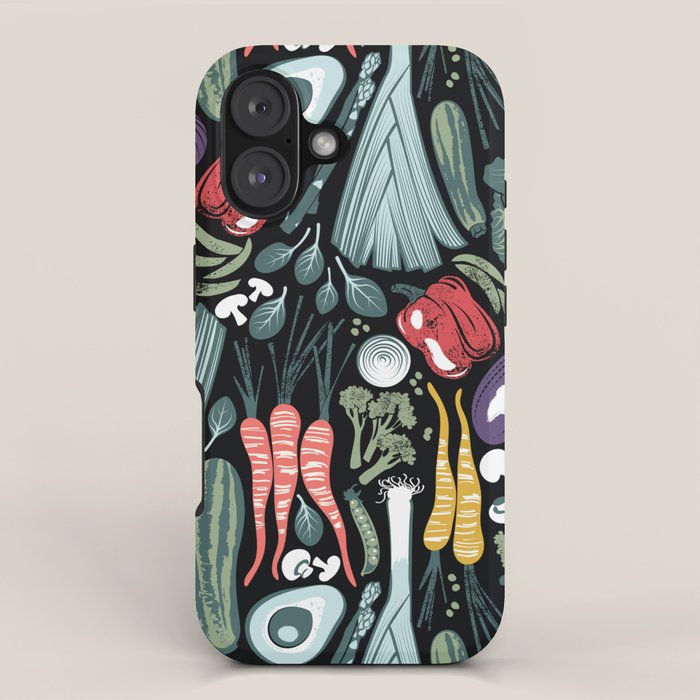 Go veggie // black background sage green mint goldenrod yellow coral and purple beet vegetables iPhone Case Gallery Image 1
