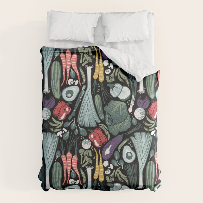 Go veggie // black background sage green mint goldenrod yellow coral and purple beet vegetables Duvet Cover Gallery Image 1
