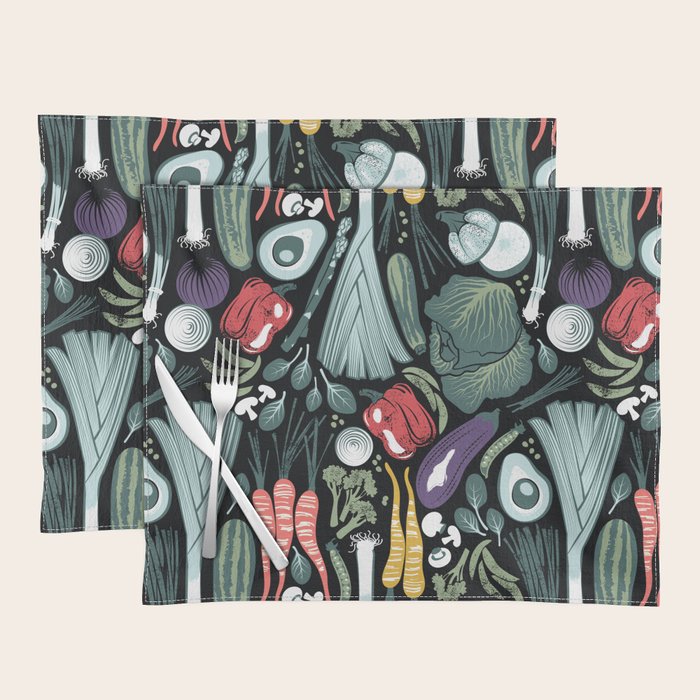 Go veggie // black background sage green mint goldenrod yellow coral and purple beet vegetables Placemat