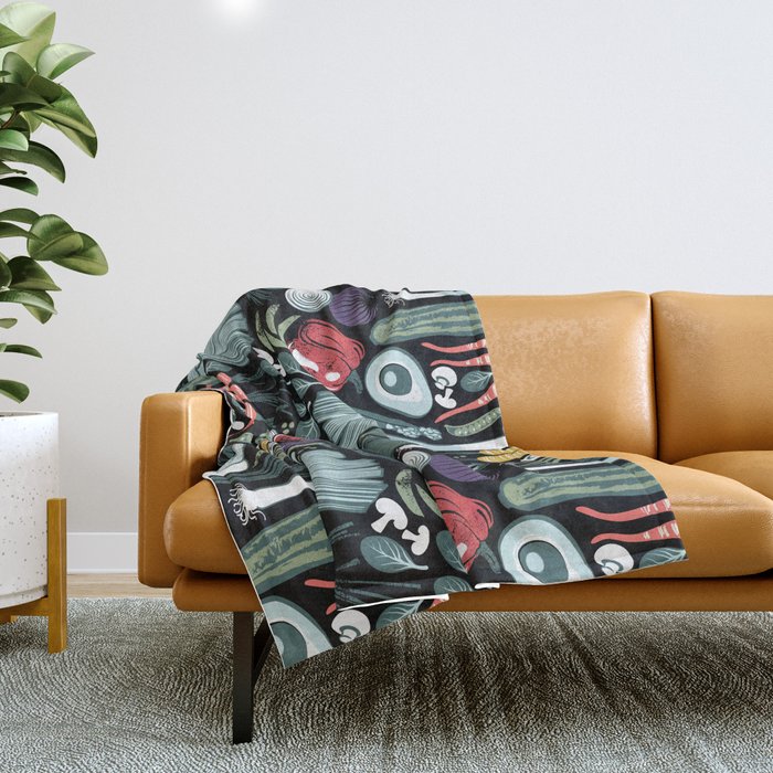 Go veggie // black background sage green mint goldenrod yellow coral and purple beet vegetables Throw Blanket