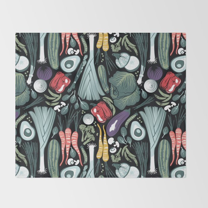 Go veggie // black background sage green mint goldenrod yellow coral and purple beet vegetables Throw Blanket Gallery Image 2