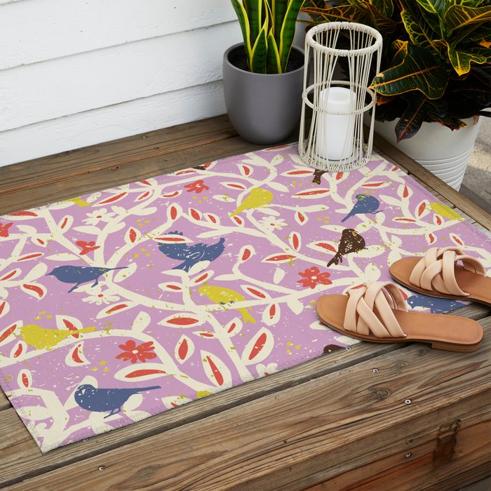 Birds in branches chalky pink Outdoor Rug Gallery Image 2