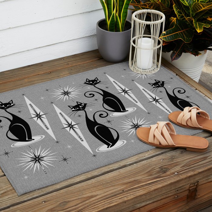 Mid Century Meow Atomic Cats on Cool Gray ©studioxtine Outdoor Rug Gallery Image 2