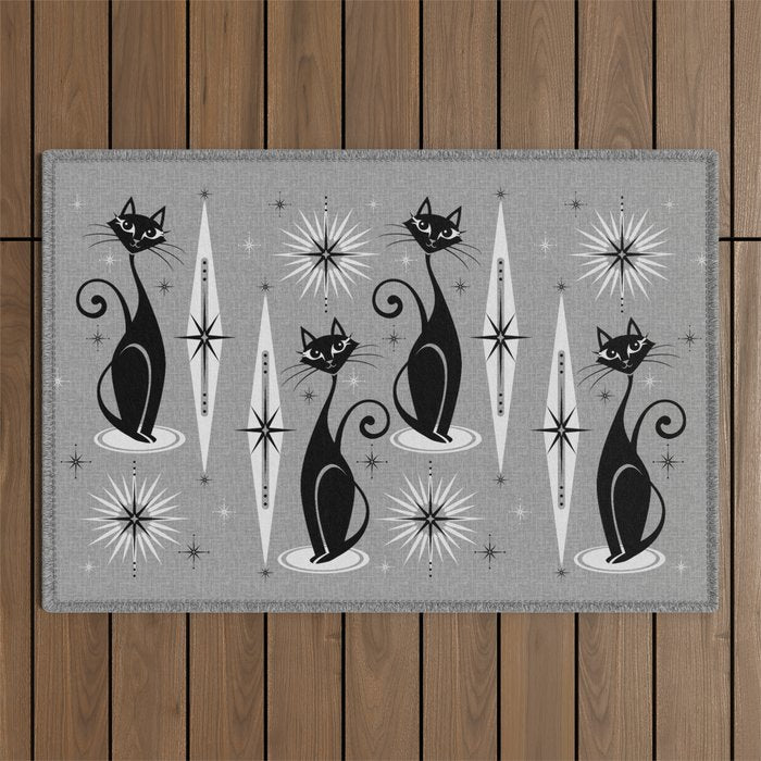 Mid Century Meow Atomic Cats on Cool Gray ©studioxtine Outdoor Rug Gallery Image 1