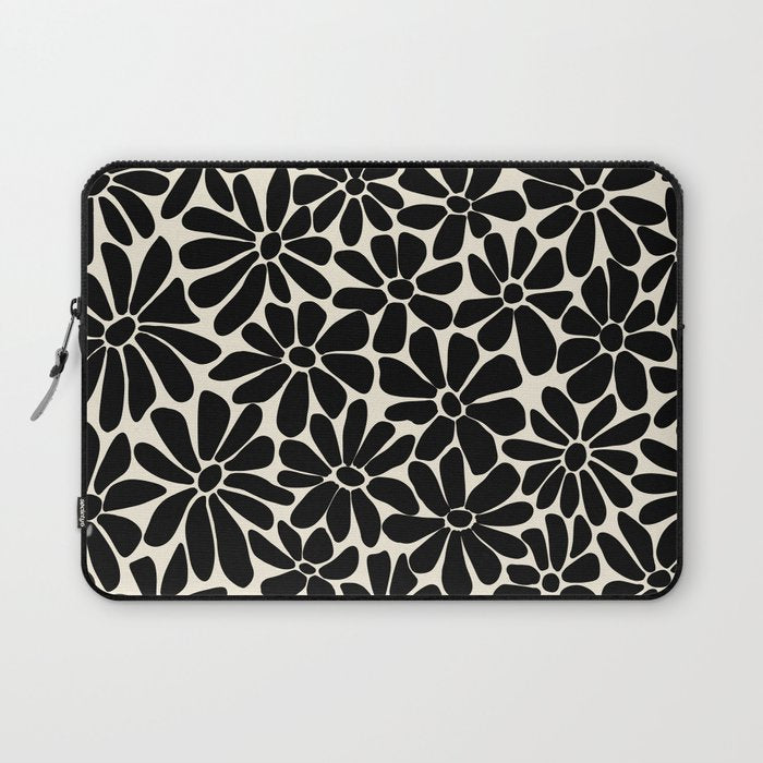 Black and White Retro Floral Art Print  Laptop Sleeve Gallery Image 1