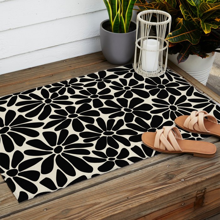 Black and White Retro Floral Art Print  Outdoor Rug Gallery Image 2