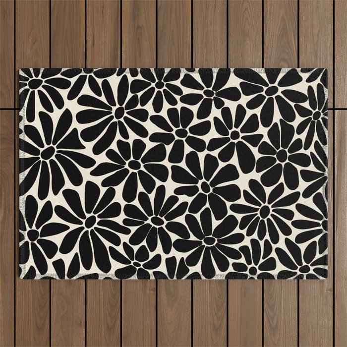 Black and White Retro Floral Art Print  Outdoor Rug Gallery Image 1