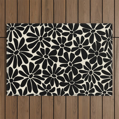 Black And White Retro Floral Art Print  Outdoor Rug Gallery Image 1