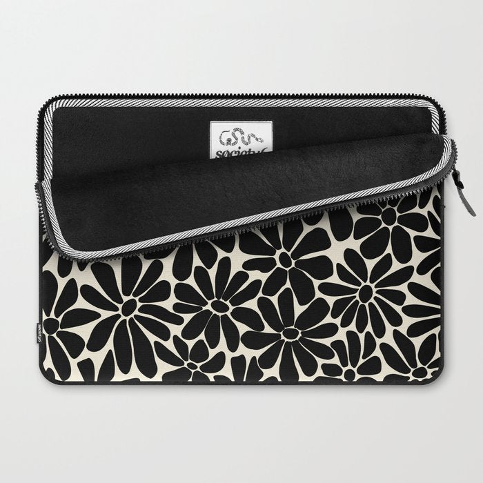 Black and White Retro Floral Art Print  Laptop Sleeve Gallery Image 2