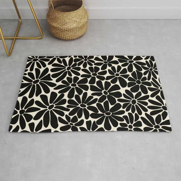 Black and White Retro Floral Art Print  Rug Gallery Image 1