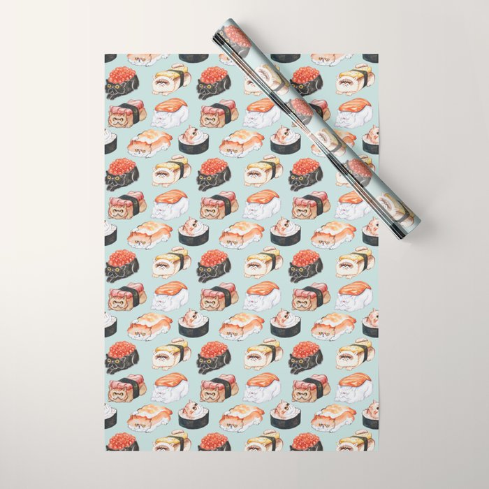 Sushi Persian Cat Watercolor Wrapping Paper Gallery Image 1