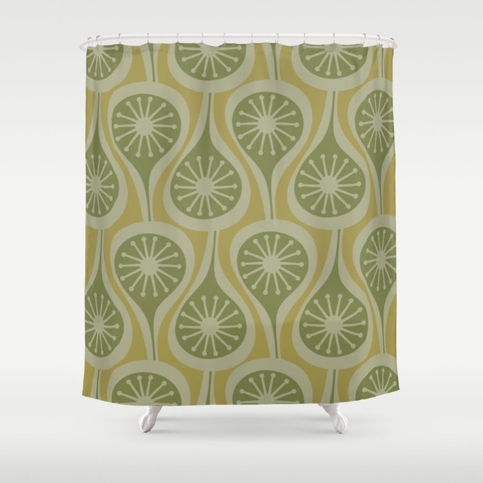 Mid Century Modern Atomic Drops Retro Pattern in Vintage Olive Green and Celadon Tones Shower Curtain Gallery Image 1