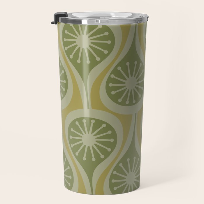 Mid Century Modern Atomic Drops Retro Pattern in Vintage Olive Green and Celadon Tones Travel Mug Gallery Image 3