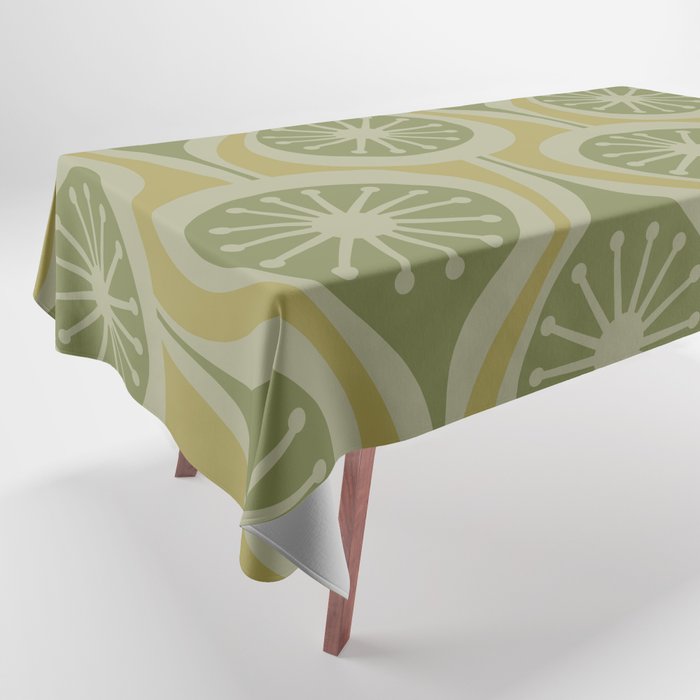 Mid Century Modern Atomic Drops Retro Pattern in Vintage Olive Green and Celadon Tones Tablecloth Gallery Image 1