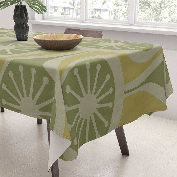 Mid Century Modern Atomic Drops Retro Pattern in Vintage Olive Green and Celadon Tones Tablecloth Gallery Image 3