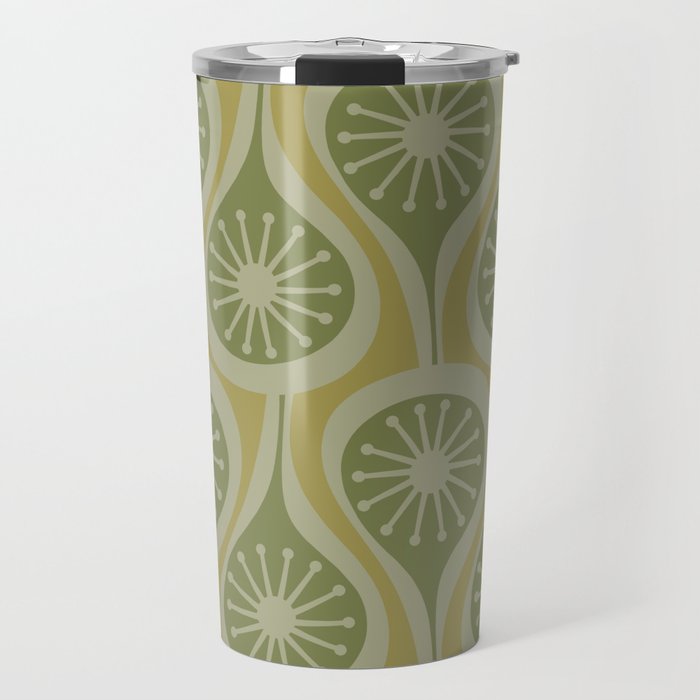 Mid Century Modern Atomic Drops Retro Pattern in Vintage Olive Green and Celadon Tones Travel Mug Gallery Image 1