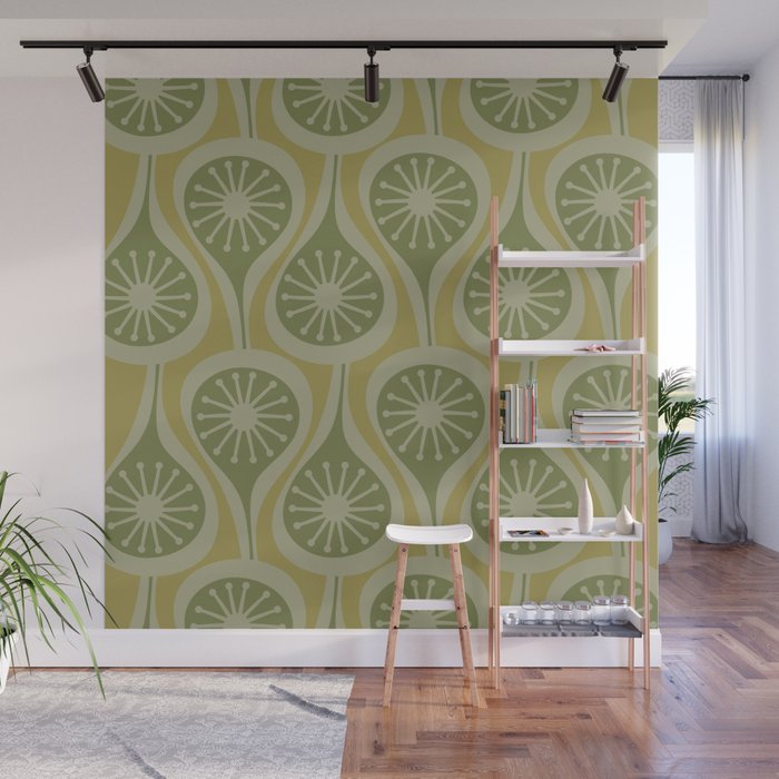 Mid Century Modern Atomic Drops Retro Pattern in Vintage Olive Green and Celadon Tones Wall Mural Gallery Image 1