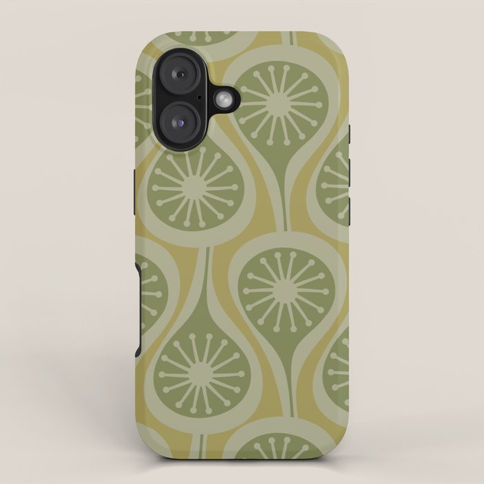 Mid Century Modern Atomic Drops Retro Pattern in Vintage Olive Green and Celadon Tones iPhone Case Gallery Image 1