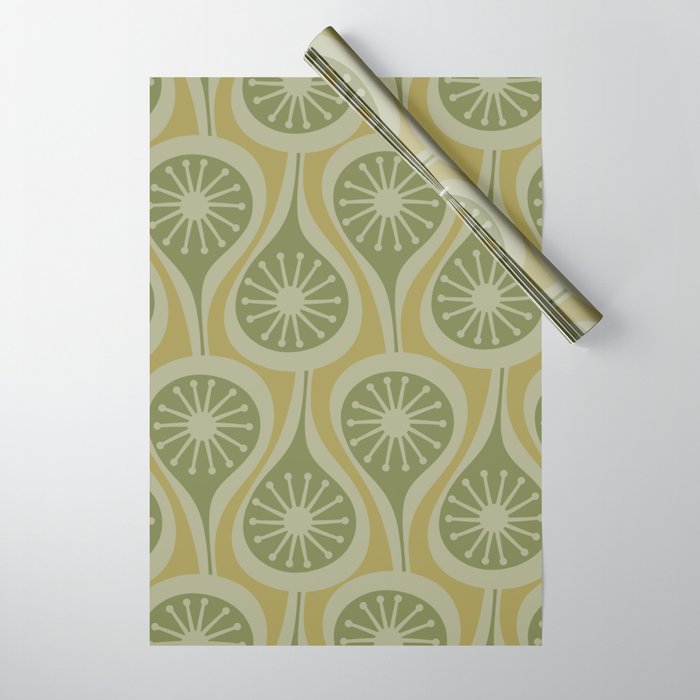 Mid Century Modern Atomic Drops Retro Pattern in Vintage Olive Green and Celadon Tones Wrapping Paper Gallery Image 1