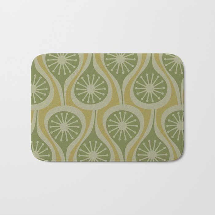 Mid Century Modern Atomic Drops Retro Pattern in Vintage Olive Green and Celadon Tones Bath Mat Gallery Image 1